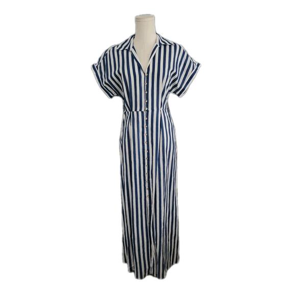 NWOT Zara Striped Linen Bld Shirt Dress XS XSmall Midi Blue White Resort No Belt - Picture 4 of 12
